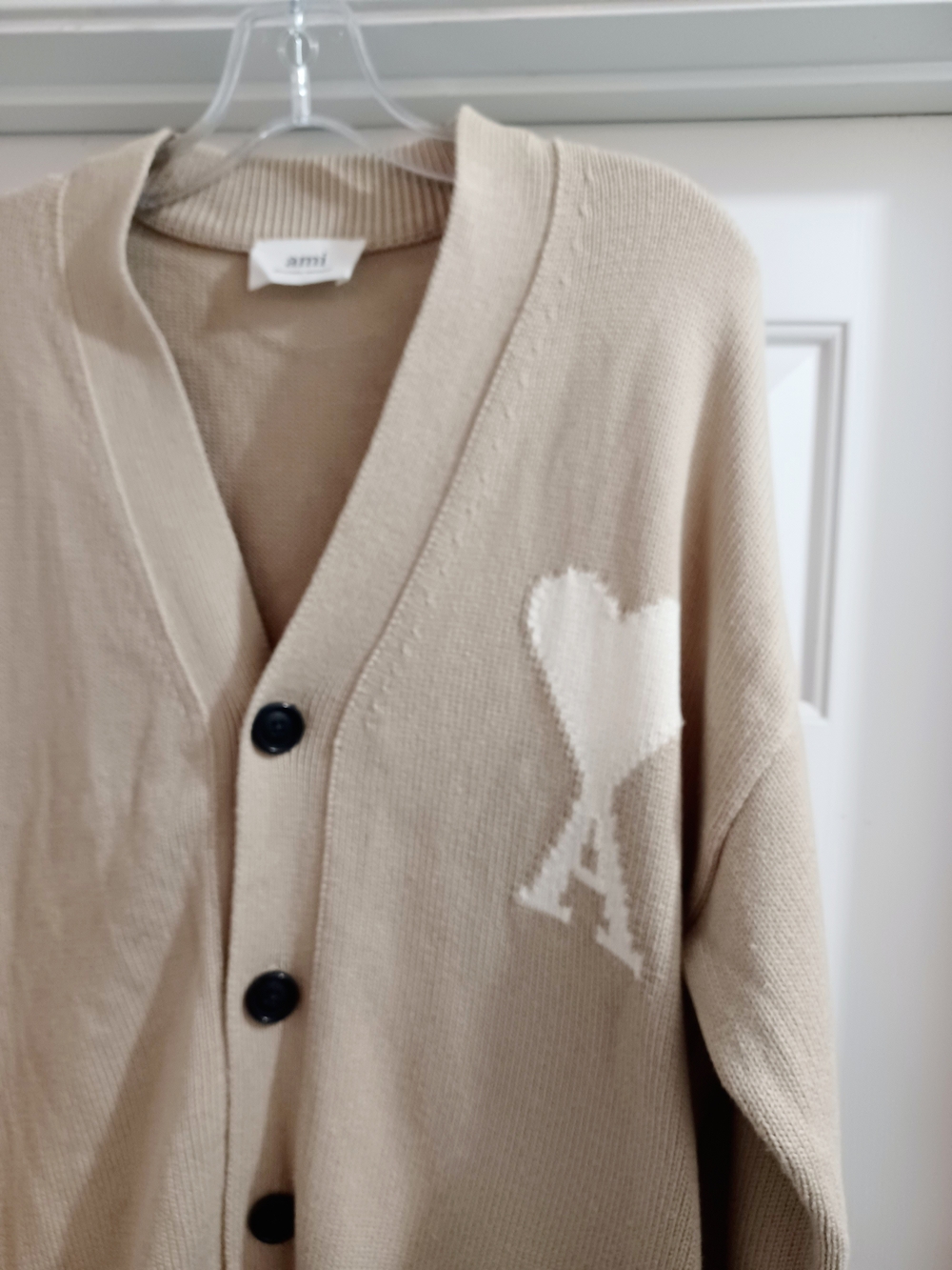 AMI Paris Beige Heart A Luxe Cotton Cardigan Sweater, L - Picture 4 of 10